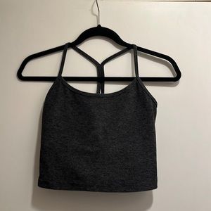 Beyond Yoga Racerback Cropped Tee, Medium Charcoal Gray